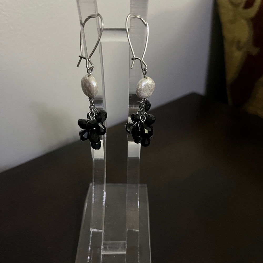 White House Black Market Fresh Water Pearl Black Bead Cluster Earrings